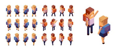 İzometrik okul rakamlar izometrik tasarım, uygulamaları geometrik tarzı 3d vektör toplama Isolated beyaz üzerinde oyun için uygun bir dizi geri okul bilirler ve kız öğrenciler