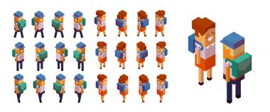 İzometrik okul rakamlar izometrik tasarım, uygulamaları geometrik tarzı 3d vektör toplama Isolated beyaz üzerinde oyun için uygun bir dizi geri okul bilirler ve kız öğrenciler