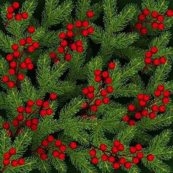 Christmas Background Branches Christmas Tree Holly Berries Realistic Festive Backdrop — Stock Vector