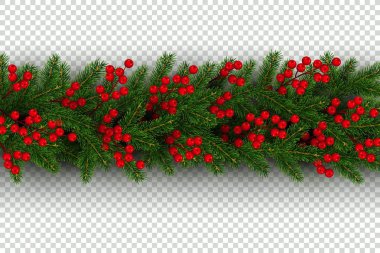 Noel ve yeni yıl sınır gerçekçi şube Noel ağacı ve holly Festival tasarım şeffaf bir arka plan üzerinde vektör illüstrasyon izole için öğe çilek
