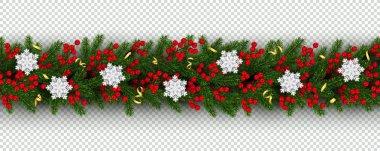 Noel ağacı, holly Karpuzu ve kar tanesi gerçekçi şube Noel ve yeni yıl kenarlık öğesi şenlikli tasarımı için şeffaf bir arka plan üzerinde vektör izole