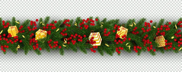 Noël Nouvel Bordure Branches Réalistes Sapin Noël Baies Houx Cadeaux — Image vectorielle