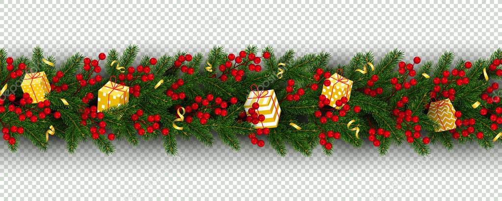 Christmas and New Year border of realistic branches of Christmas tree, holly berries and gifts Element for festive design isolated on transparent background Vector