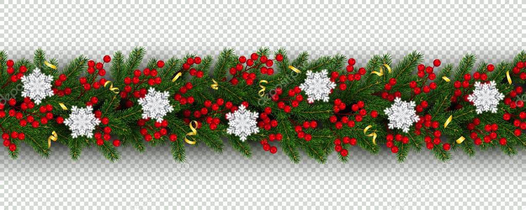 Christmas and New Year border of realistic branches of Christmas tree, holly berries and snowflake Element for festive design isolated on transparent background Vector