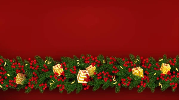 Bannière Noël Nouvel Branches Réalistes Arbre Noël Baies Houx Cadeaux — Image vectorielle