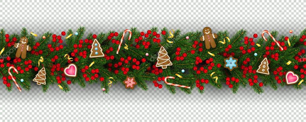 Christmas and New Year border of realistic branches of Christmas tree, holly berries, christmas cookies Festive design isolated on transparent background Vector