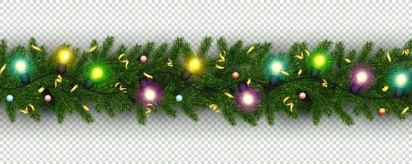 圣诞节和新年边界的现实的树枝圣诞树 蛇形元素的节日设计隔离在透明的背景向量 — 图库矢量图片