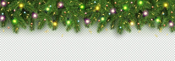 Noel ağacı, garland serpantin şenlikli özgeçmişlerine vektör izole şeffaf arka plan ile parlayan ışık Ampüller, holly Karpuzu, gerçekçi şube Noel ve yılbaşı banner