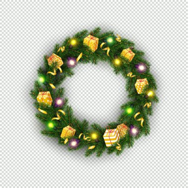 Noel çelenk gerçekçi Noel ağacı, dalları, ampul, hediye öğesi şenlikli tasarımı için şeffaf arka plan üzerinde vektör illüstrasyon izole