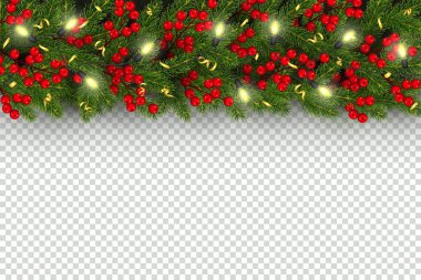 Noel ve yeni yıl yatay kenarlık gerçekçi dal Noel ağacının çelenk ile parlayan kesimine, holly Karpuzu, serpantin öğe üzerinde şeffaf arka plan izole şenlikli tasarım için
