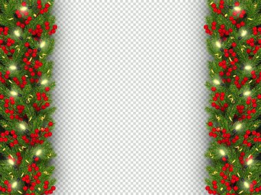 Noel ve yılbaşı banner şablon gerçekçi dal Noel ağacının çelenk parlayan kesimine, holly Karpuzu, serpantin Festival arka plan vektör çizim ile