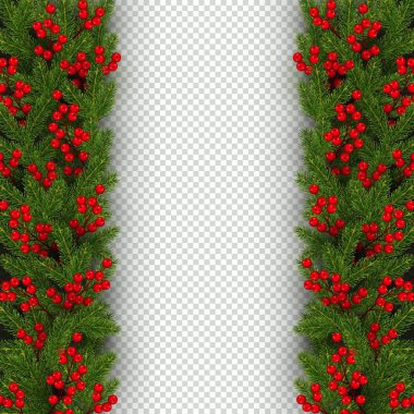 Noel ve yılbaşı banner şablon dikey kenarlık gerçekçi şube Noel ağacı ve holly ile şenlikli tasarım şeffaf bir arka plan üzerinde vektör illüstrasyon izole için öğe çilek