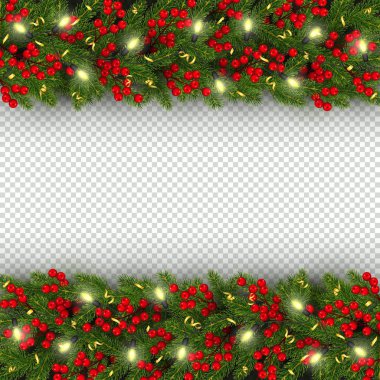 Noel ve yılbaşı banner şablon ile Noel ağacı, yatay gerçekçi dalları / çelenk parlayan kesimine, holly Karpuzu, serpantin Festival arka plan vektör çizim ile