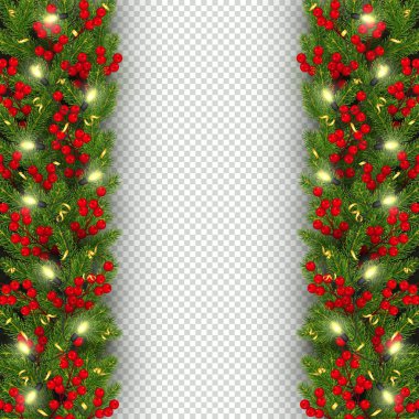 Noel ve yılbaşı banner şablon gerçekçi dal Noel ağacının çelenk parlayan kesimine, holly Karpuzu, serpantin Festival arka plan vektör çizim ile