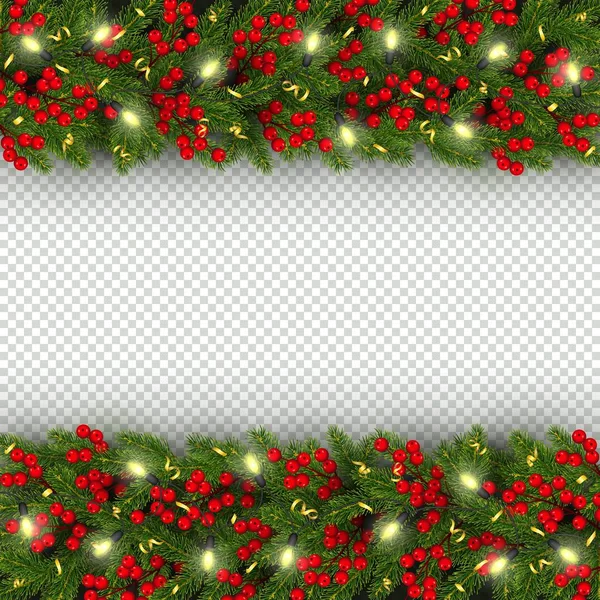 Noel ve yılbaşı banner şablon ile Noel ağacı, yatay gerçekçi dalları / çelenk parlayan kesimine, holly Karpuzu, serpantin Festival arka plan vektör çizim ile