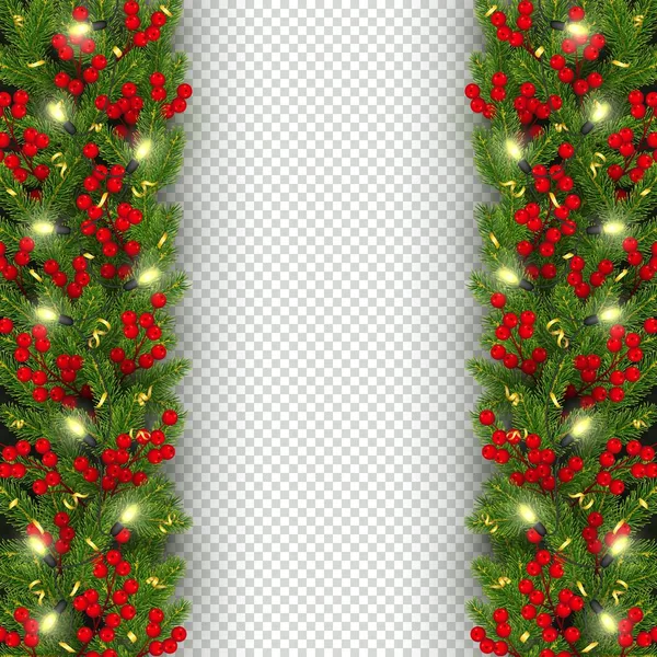 圣诞节和新年横幅模板现实的树枝圣诞树 花环与发光灯泡 冬青浆果 蛇纹石节日背景向量插图 — 图库矢量图片