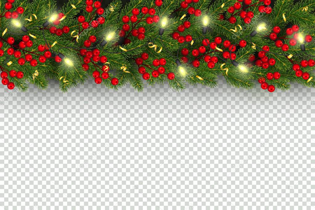 Christmas and New Year horizontal border Realistic branches of Christmas tree, garland with glowing lightbulbs, holly berries, serpentine Element for festive design isolated on transparent background