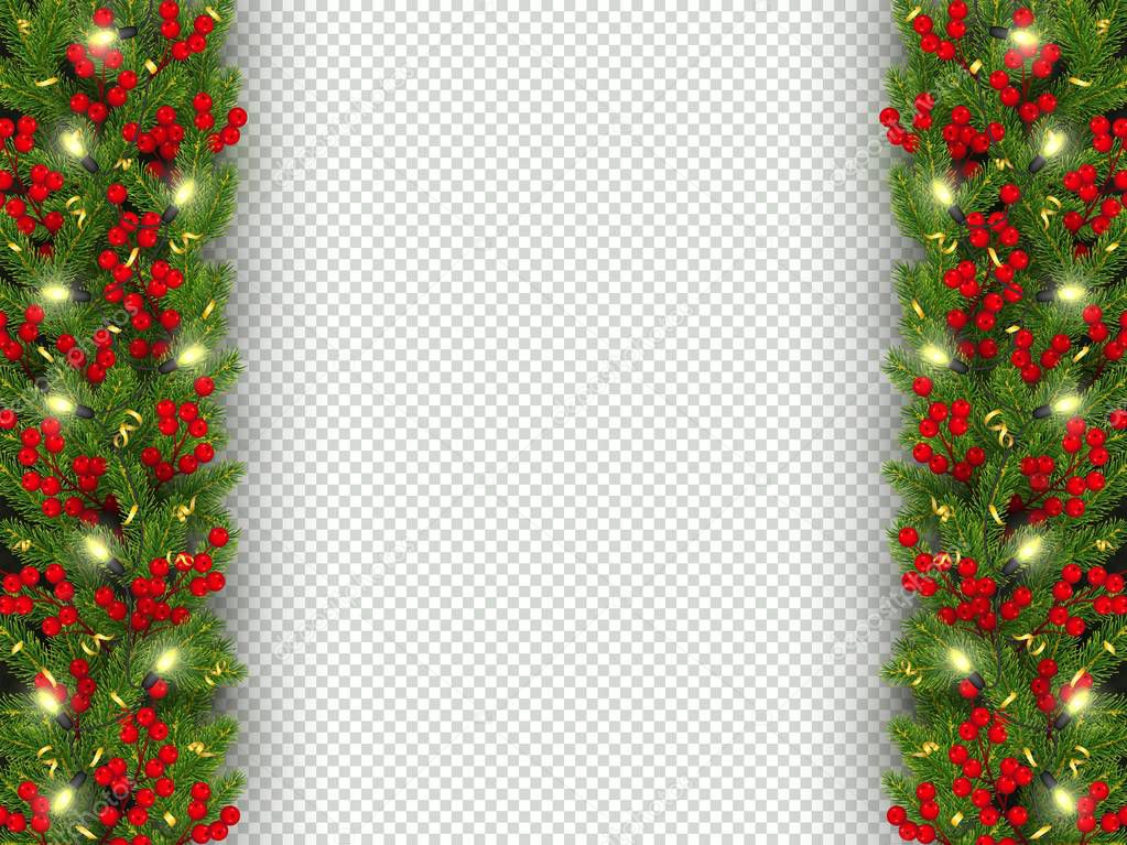 Christmas and New Year banner template Realistic branches of Christmas tree, garland with glowing lightbulbs, holly berries, serpentine Festive background Vector illustration