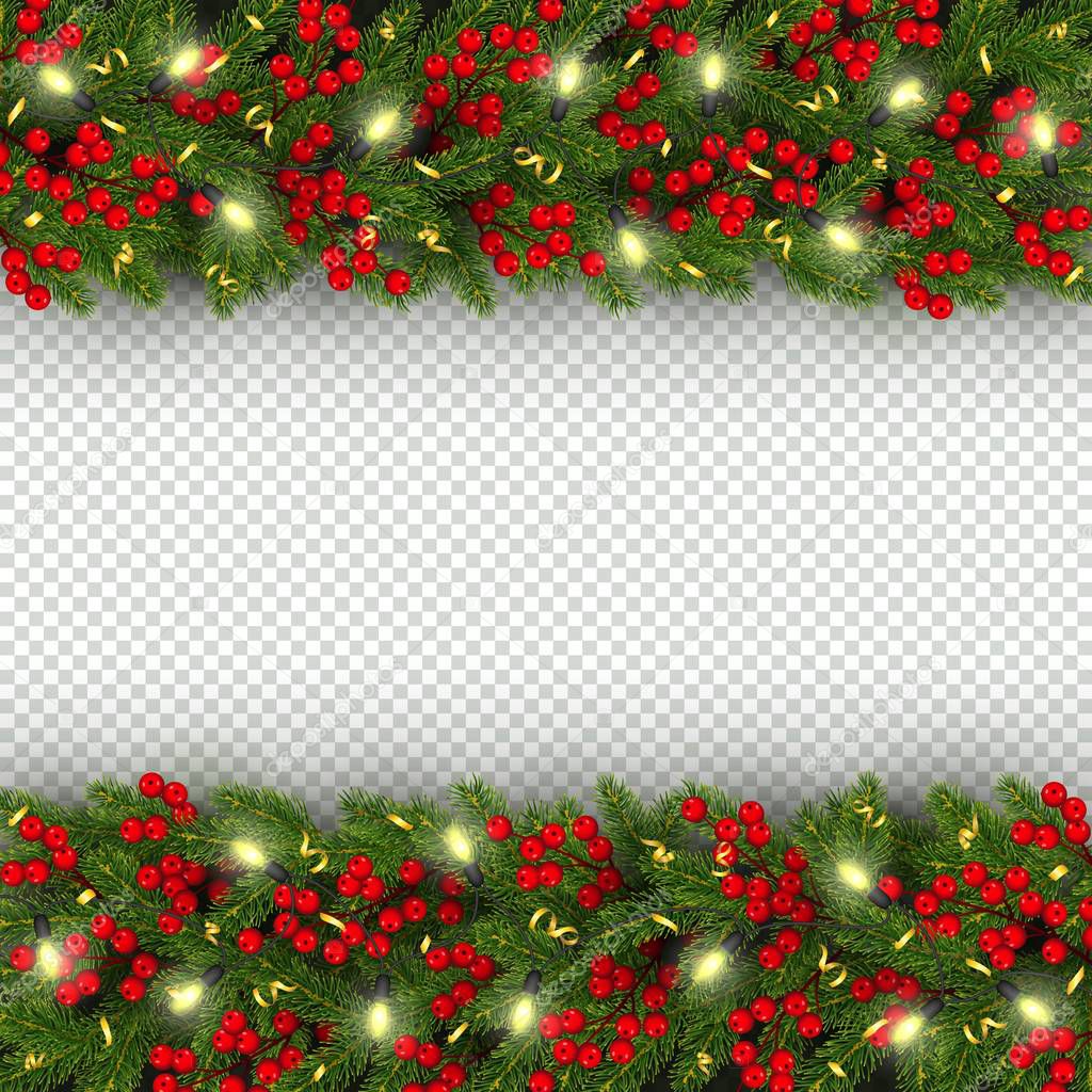 Christmas and New Year banner template with of horizontal realistic branches of Christmas tree, garland with glowing lightbulbs, holly berries, serpentine Festive background Vector illustration