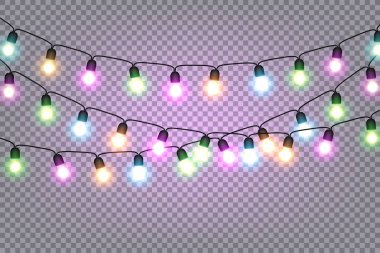 Parlayan ışık Ampüller Noel ve yeni yıl gerçekçi çelenk şenlikli tasarımı için Xmas süslemeleri kartpostallar, afişler, posterler, Web siteleri vektör tasarım öğeleri şeffaf arka plan üzerinde izole