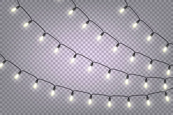 Leuchtende Glühbirnen Weihnachten Und Neujahr Realistische Girlanden Isoliert Auf Transparentem — Stockvektor