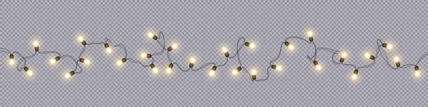 Zářící Světlo Žárovky Vánoční Novoroční Realistické Girlandy Samostatný Průhledném Pozadí — Stockový vektor