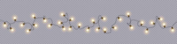Glowing light bulbs Christmas and New Year realistic garlands isolated on transparent background Xmas decorations for festive design of postcards, banners, posters, websites Vector design elements