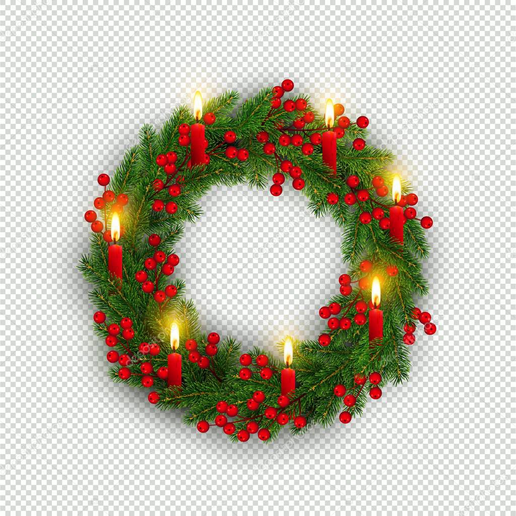 Christmas wreath of realistic Christmas tree branches, lighted candles and holly berries Element for festive design isolated on transparent background Vector illustration