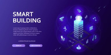 3D akıllı bina Infographics izometrik kavramı otomasyon kontrol sistemi akıllı teknik sistemler, yeni teknolojilerle Emanet soyut şehir ortamı oluşturma