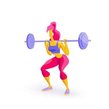 Kız spor görünüm halter fitness atletik eğitim atlet halter sağlıklı yaşam izole karakter beyaz bir arka plan üzerinde vektör çizim asansörleri çalışmaktadır