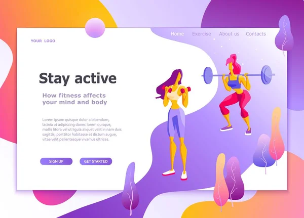Sayfa şablon sağlıklı yaşam / açılış, atletizm, womens fitness Modern düz tasarım konsepti web sayfa tasarımı web sitesi ve mobil web sitesi kolay düzenleme ve özelleştirme için vektör çizim