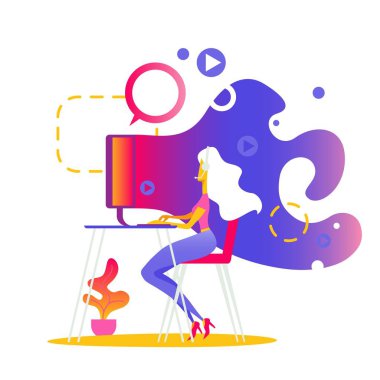 Genç kadın bir kulaklık görünüyor bilgisayar ekranında bir video Başlat düğmesini çağrı merkezi operatörü, blogger video, Web sitesi editörü, video içerik Oluşturucu, serbest meslek, Proje Yöneticisi vektör