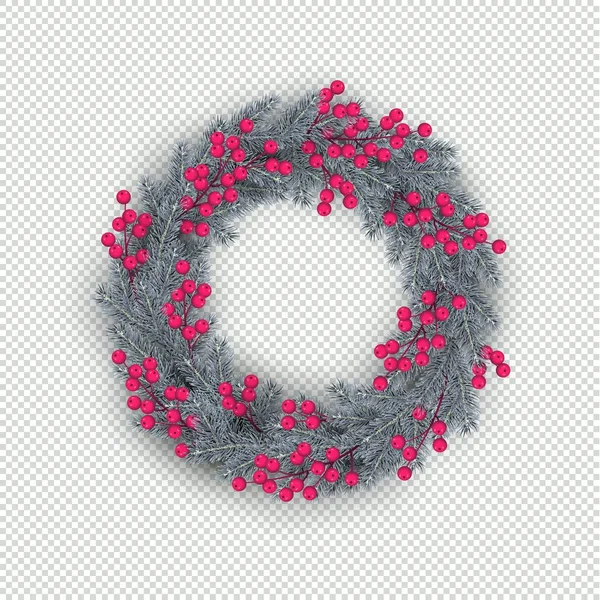 Christmas Wreath Realistic Christmas Tree Branches Holly Berries Frosty Weather — Stock Vector