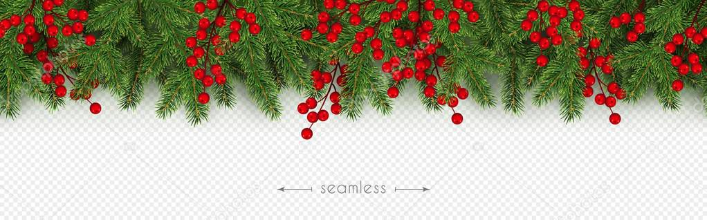 Christmas and New Year seamless border of realistic branches of Christmas tree and holly berries Element for festive design isolated on transparent background Vector illustration