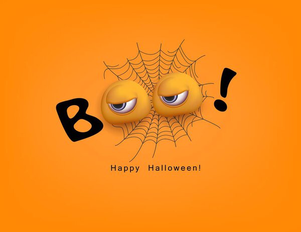 Happy Halloween Festive Design Boo with 3d funny eyes, spiderweb and text on the orange background Word Boo spooky text Vector illustration
