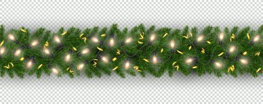 Noel ve yeni yıl sınır Noel ağacının, garland ampulleri, serpantin öğe şenlikli tasarım şeffaf bir arka plan üzerinde vektör izole için gerçekçi şube