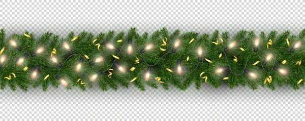 Weihnachts Und Neujahrsrand Aus Realistischen Zweigen Des Weihnachtsbaums Girlanden Glühbirnen — Stockvektor