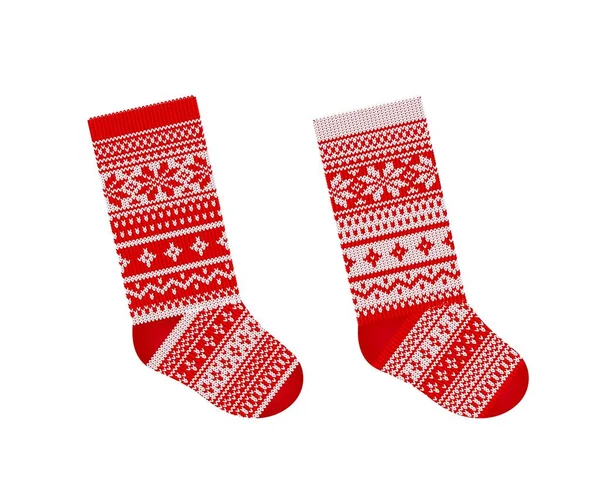 Christmas Stocking Scandinavian Style Isolated White Background Hand Knitting Red — Stock Vector