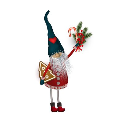 Christmas Elf with gifts, cookies and sweets. Scandinavian folk character - Nisser in Norway and Denmark, Tomtar in Sweden or Tonttu, Tomte in Finnish. Vector illustration isolated on white clipart