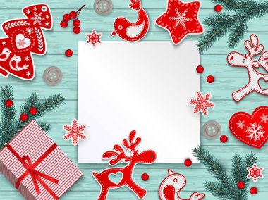 Noel arka plan, kırmızı ve beyaz stilize İskandinav dekorasyonlar, Noel ağacı ve holly Karpuzu için metin, yer ile mavi ahşap yüzeyde yalan dalları illüstrasyon vektör