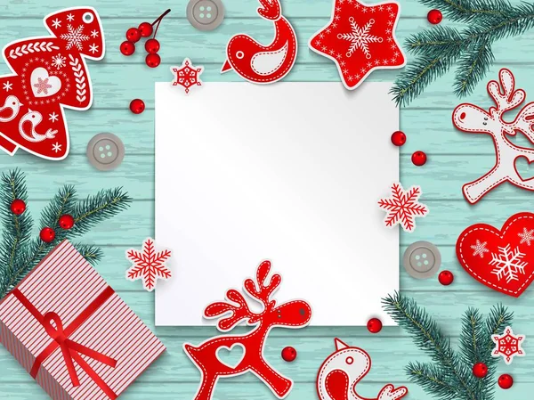 Noel arka plan, kırmızı ve beyaz stilize İskandinav dekorasyonlar, Noel ağacı ve holly Karpuzu için metin, yer ile mavi ahşap yüzeyde yalan dalları illüstrasyon vektör