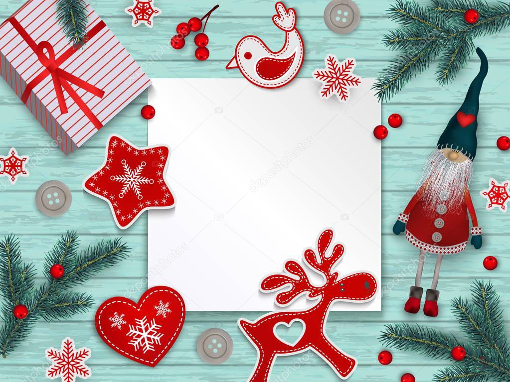 Abstract christmas background, red and white stylized Scandinavian decorations, branches of Christmas tree and holly berries lying on blue wooden surface with place for text, vector illustration