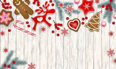 Soyut Noel sınır, stilize İskandinav süslemeleri, Noel ağacı, Noel kurabiyeleri ve metin için yer beyaz ahşap masanın üzerinde yatan holly Karpuzu dallarında, illüstrasyon vektör