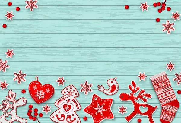 Різдвяні Новорічні Прикраси Лежачи Фоні Синій Дерев Яний Стіл Скандинавський — стоковий вектор