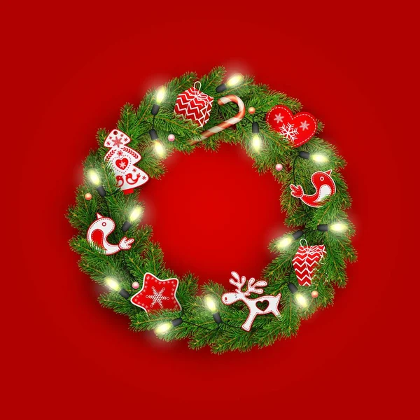빛나는 스타일에서 크리스마스 빨간색과 크리스마스 현실적인 가문비나무 지점의 Garlands — 스톡 벡터