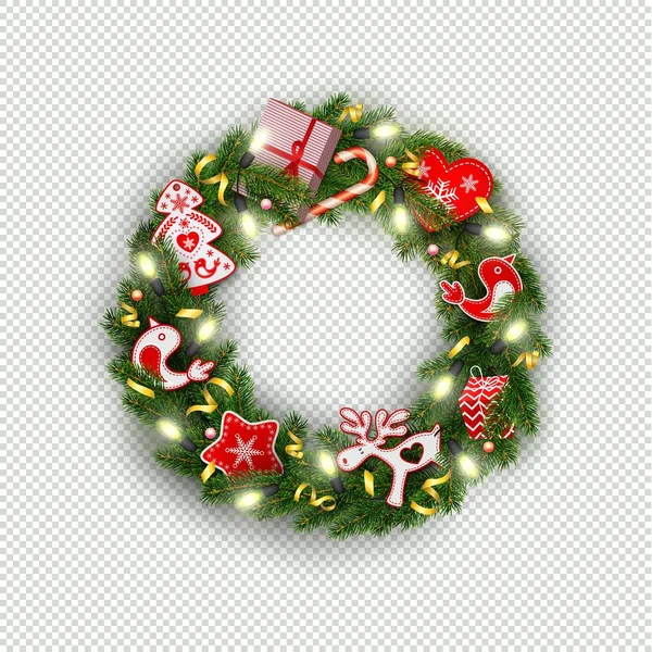真实的云杉分支的圣诞节花圈 花环与夜光灯泡 冬青莓果 圣诞节红色和白色装饰在斯堪的纳维亚样式 — 图库矢量图片