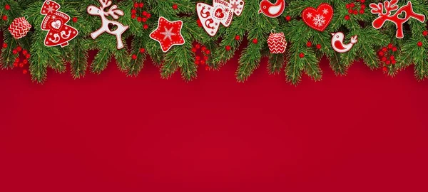 Sfondo Natalizio Con Bordo Rami Abete Realistici Albero Natale Bacche — Vettoriale Stock