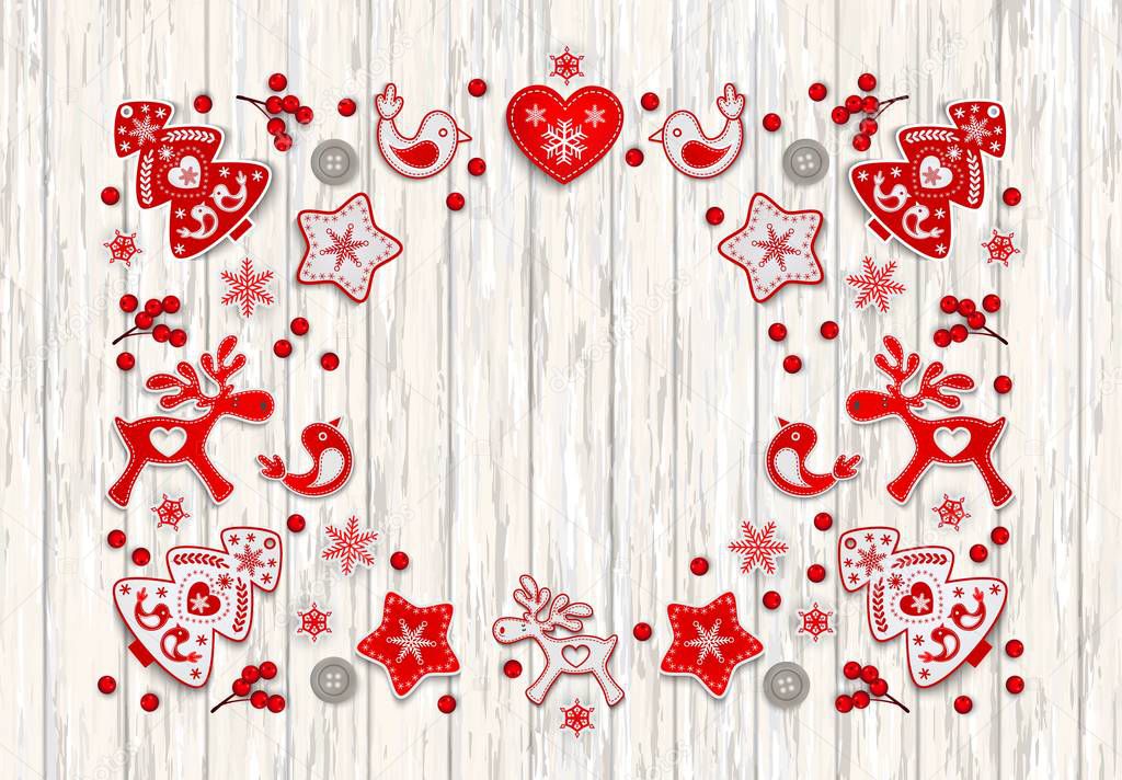 Christmas frame with an ornament of red and white stylized Nordic Christmas decorations on white painted wooden boards with space for text , vector illustration