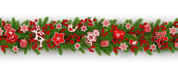 圣诞节边界的现实分支圣诞树 冬青浆果 红色和白色的玩具斯堪的纳维亚风格 孤立的白色 矢量插图 — 图库矢量图片