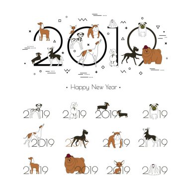 2019 köpek takvimi, yaratıcı başlık ve 12 logoları ile farklı doğurmak-in köpek. En az, kroki tarzı, göl kenarında beyaz arka planda, vektör çizim
